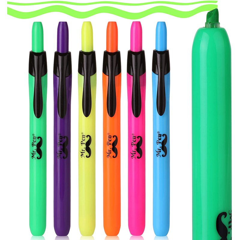Retractable Highlighters 6-Pack Assorted Colors - Quick Dry, Smear-Resistant