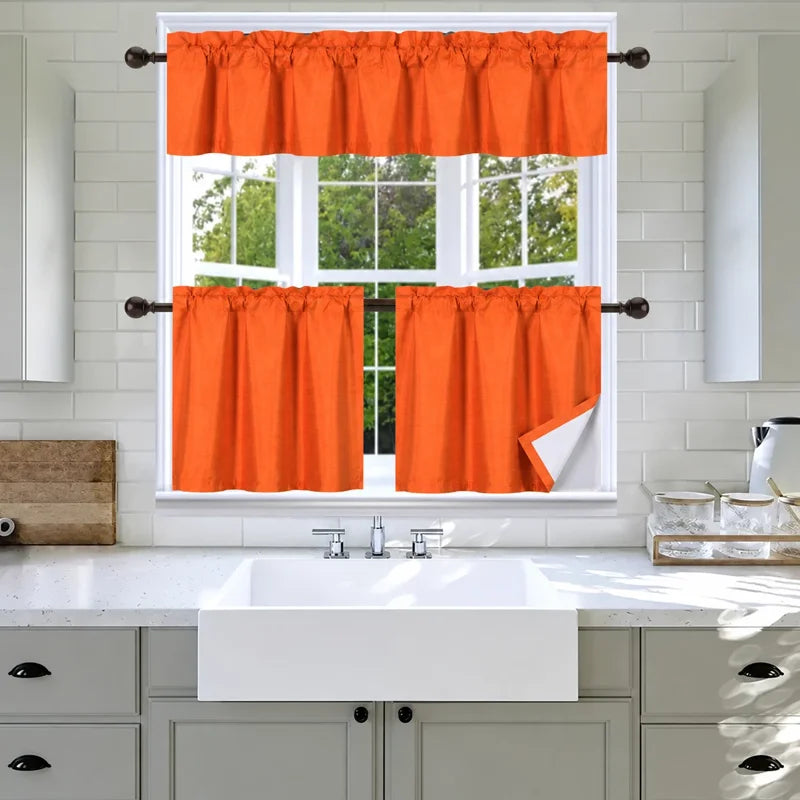 3-Piece Faux Silk Blackout Kitchen Curtain Set - Room Darkening Window Treatment