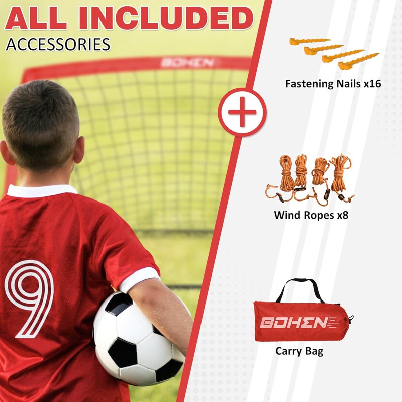 BOHEN 9x5 Ft Portable Soccer Goal - 2 Pack Red with Carry Bag, Easy Fold, Indoor/Outdoor
