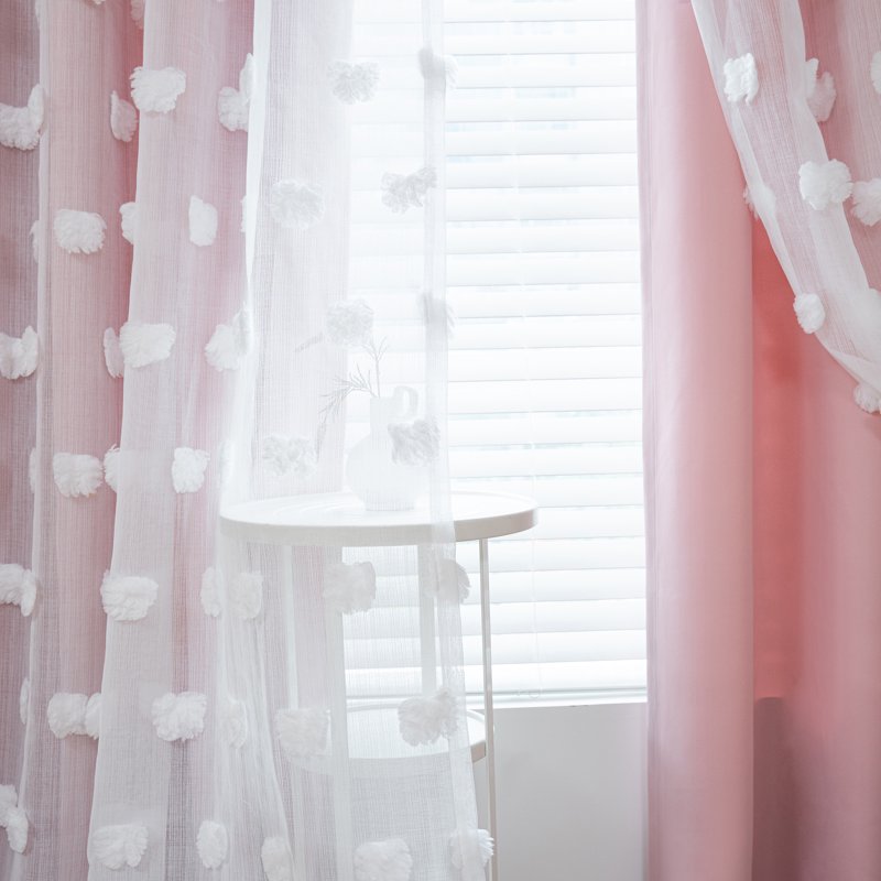 Blackout & Sheer Window Curtains Set for Nursery & Bedroom, Double Layer with Pom Pom Trim
