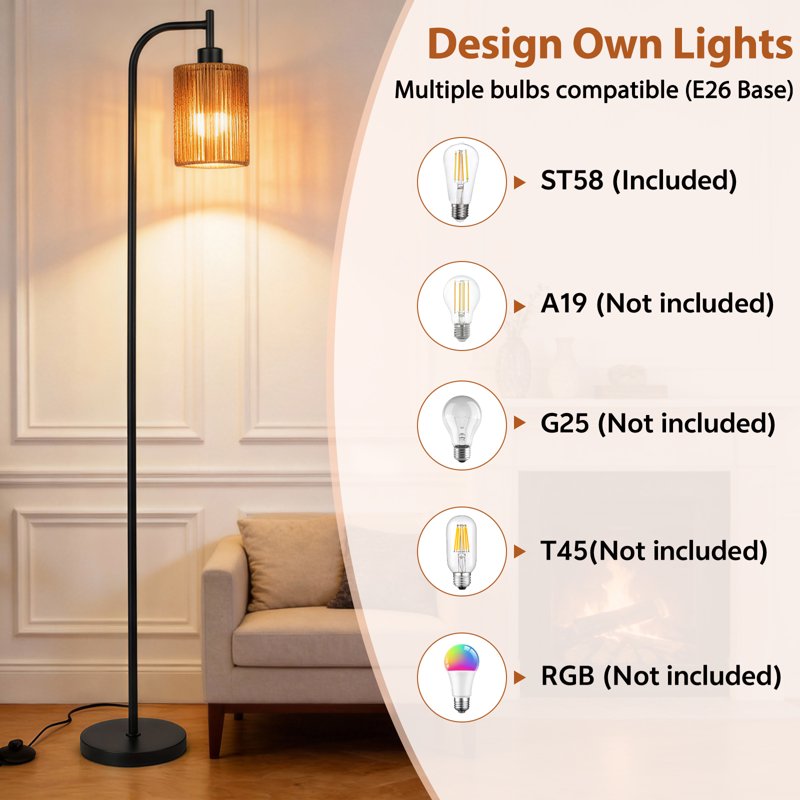 66-Inch Rattan Floor Lamp with Remote Control, Dimmable & Adjustable Color Temperature