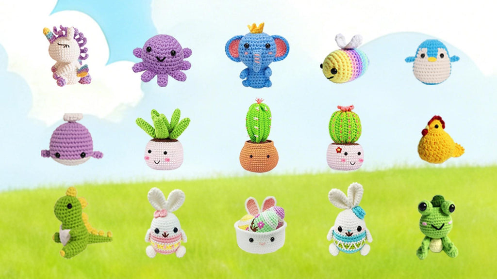 Crochet Animal Kit for Beginners - DIY Unicorn, Elephant, Octopus Craft Set