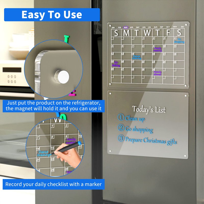 Magnetic Acrylic Dry Erase Calendar for Refrigerator - 16x12, Includes Markers