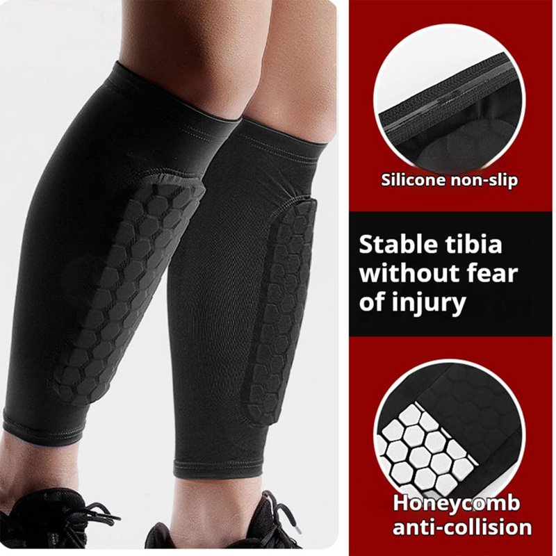 XL Red 1Pc Soccer Shin Guards with Honeycomb Pads, Calf Sleeve Protective Gear
