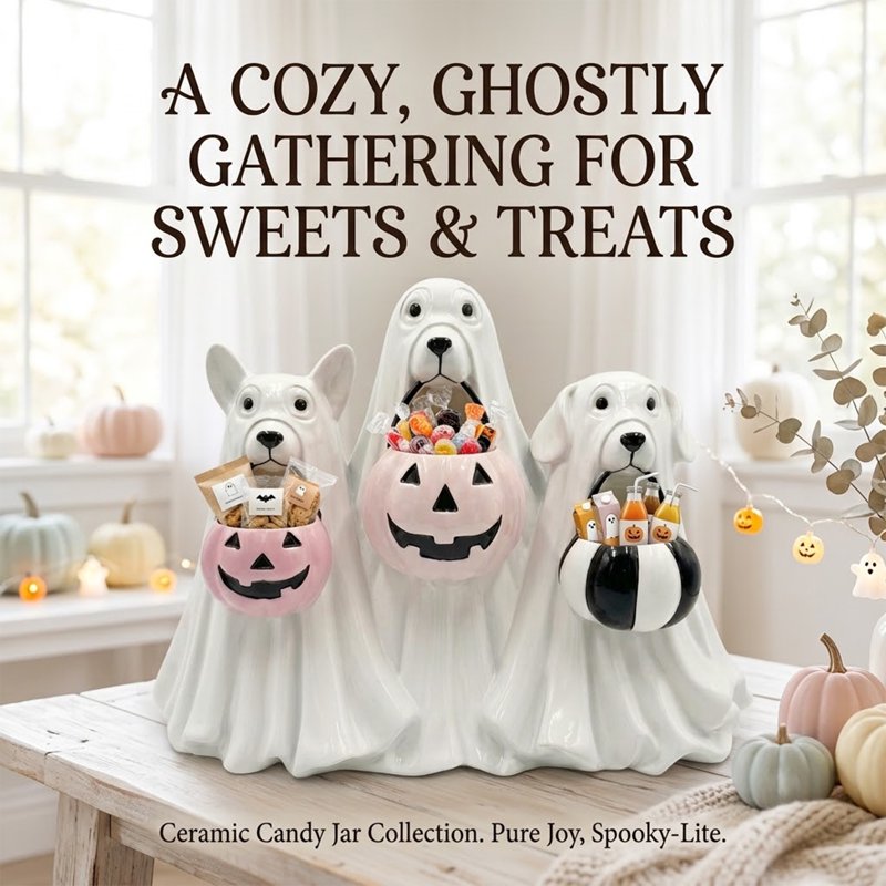 Halloween Ghost Dogs Figurine with Pumpkin Candy Bowl - Indoor & Outdoor Safe Ceramic Decor