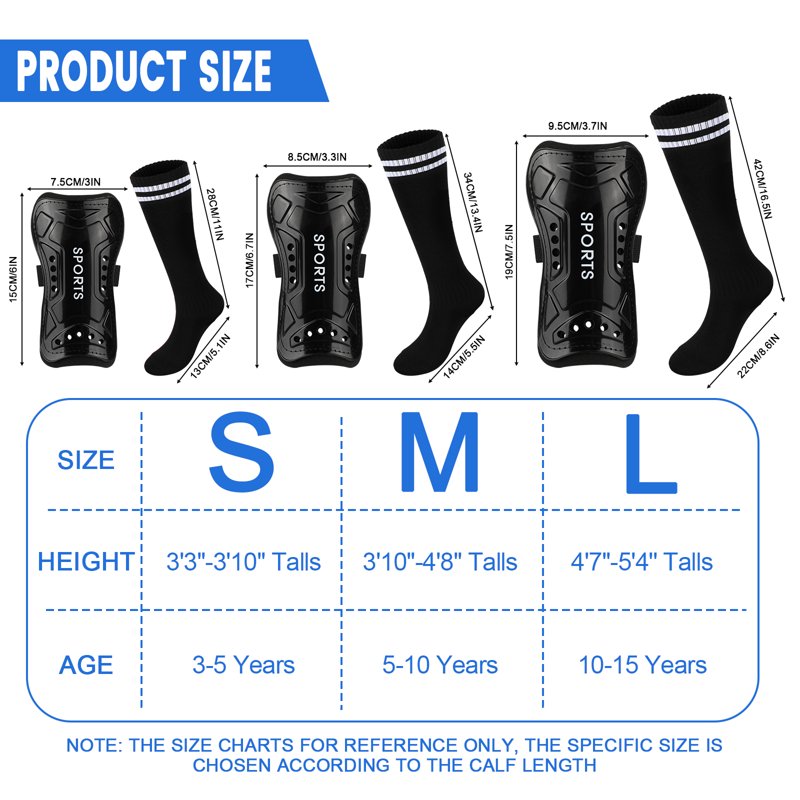 2 Pairs Kids Soccer Shin Guards & Socks Set, Lightweight Youth Shield for 3-15 Years, Black & Blue (Variation: L, 2 Pair)