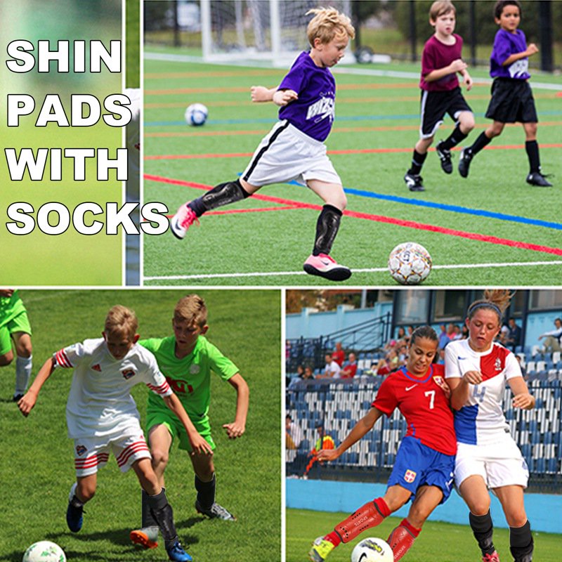 Hengguang Kids Soccer Shin Guards & Socks 2 Pairs - Red & Black, Calf Protection for 5-12 Years