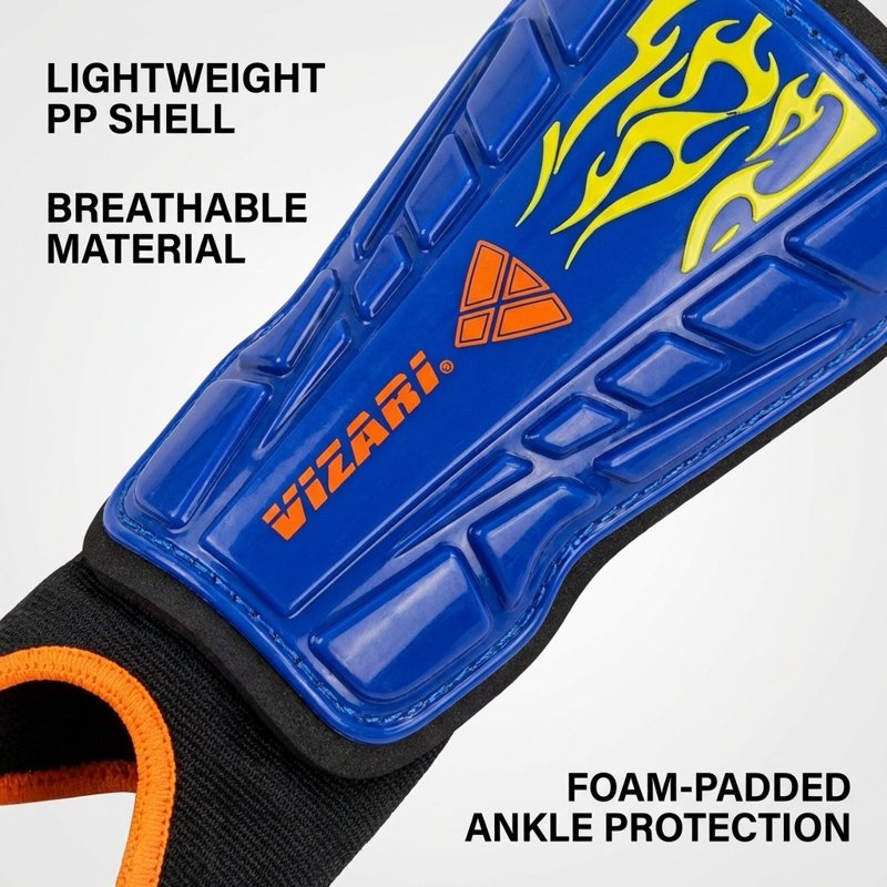 Vizari Blaze L Blue/Orange Soccer Shin Guards with Ankle Protection - Youth