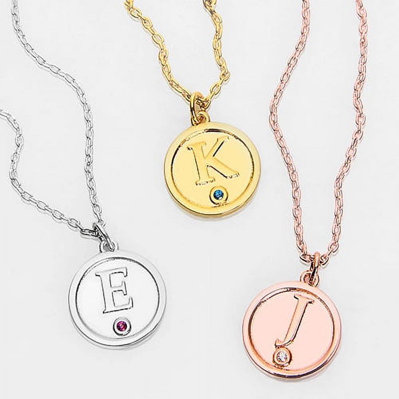 Personalized Women's Embossed Initial Necklace with Birthstone - Custom Pendant Jewelry