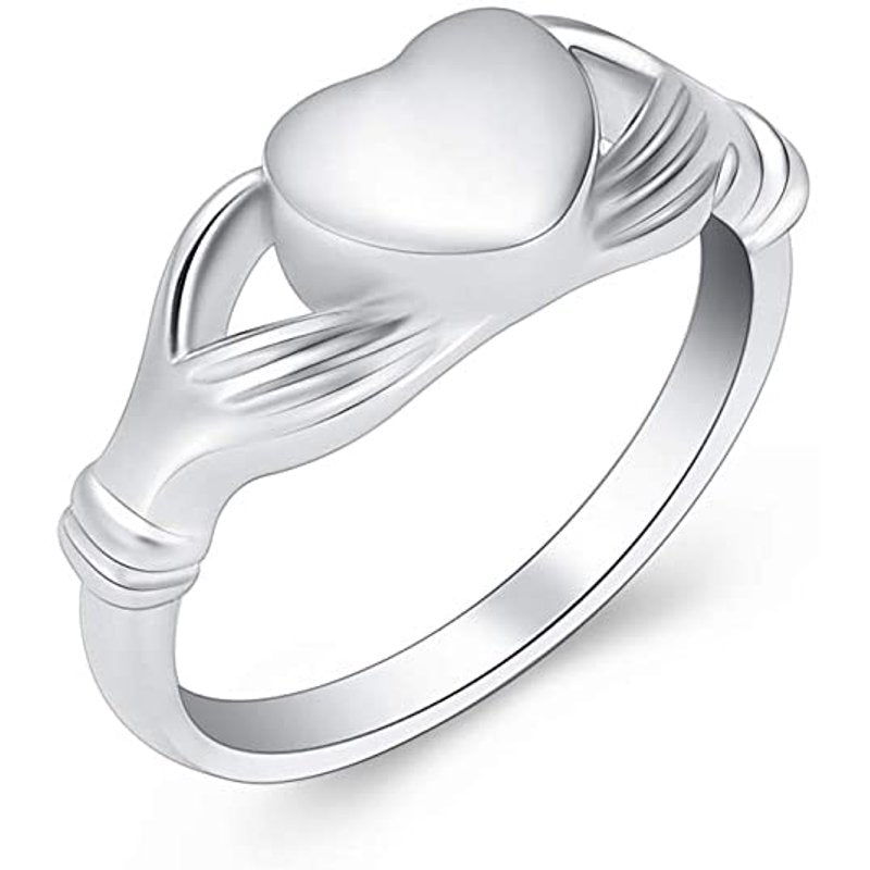 Heart in Hands Cremation Ring - Memorial Ashes Keepsake Jewelry, Silver Stainless Steel, Size Variants