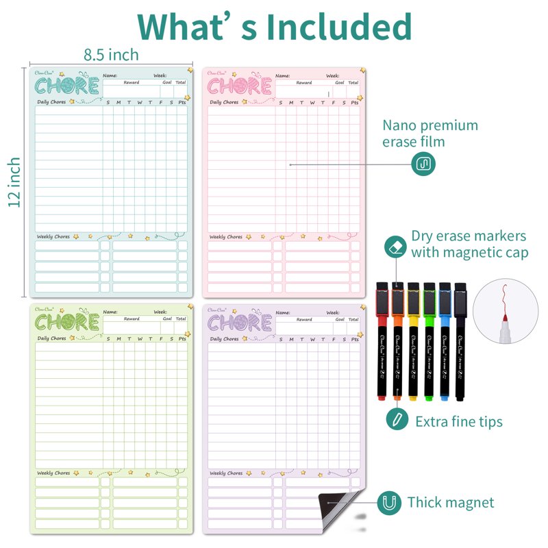 Magnetic Dry Erase Chore Chart for Family - 8.5x12 Inches with 6 Fine Point Markers