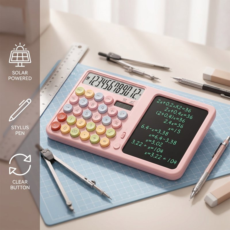 Pink Dual Power Silent Calculator with Writing Pad and Stylus - Office & School Desk Tool