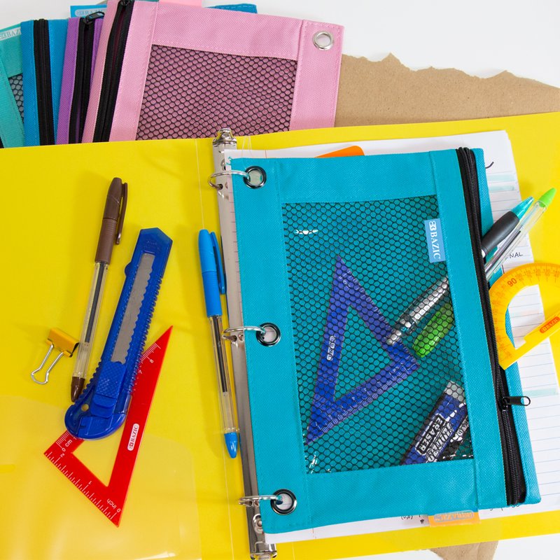 3-Ring Pencil Pouch with Mesh Window - Pastel Color, 6-Pack