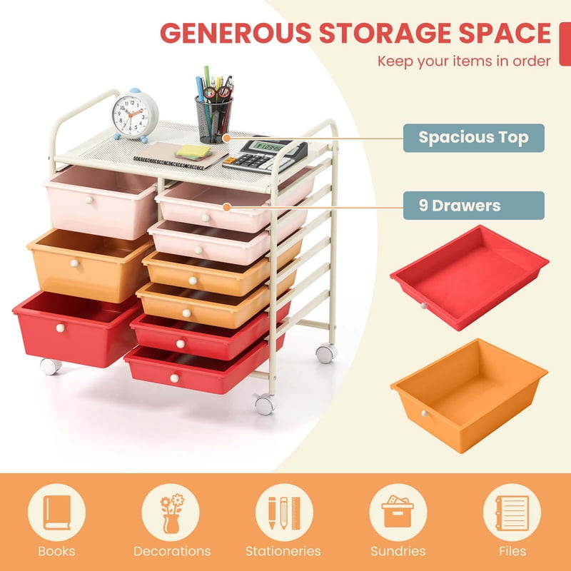 Multi-Use 9-Drawer Rolling Storage Cart with Lockable Casters - Utility & Organization