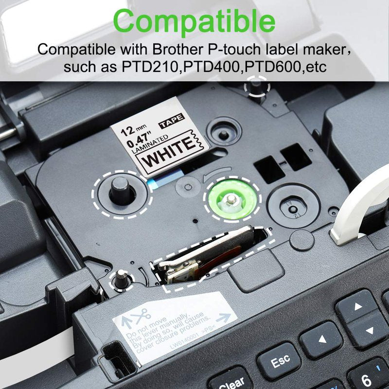 6 Pack Laminated Label Tape Replacement for Brother P Touch TZ 12mm White on Red/Blue/Green/Black/Pink/Gold on Black