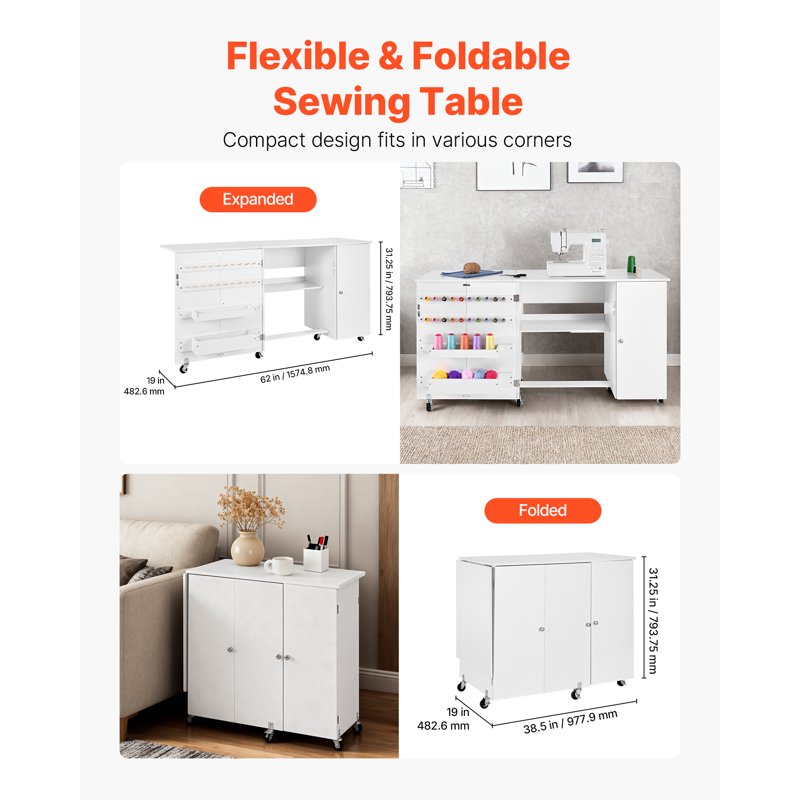 Foldable Sewing Table with Storage Cabinet and Wheels - Craft Workspace