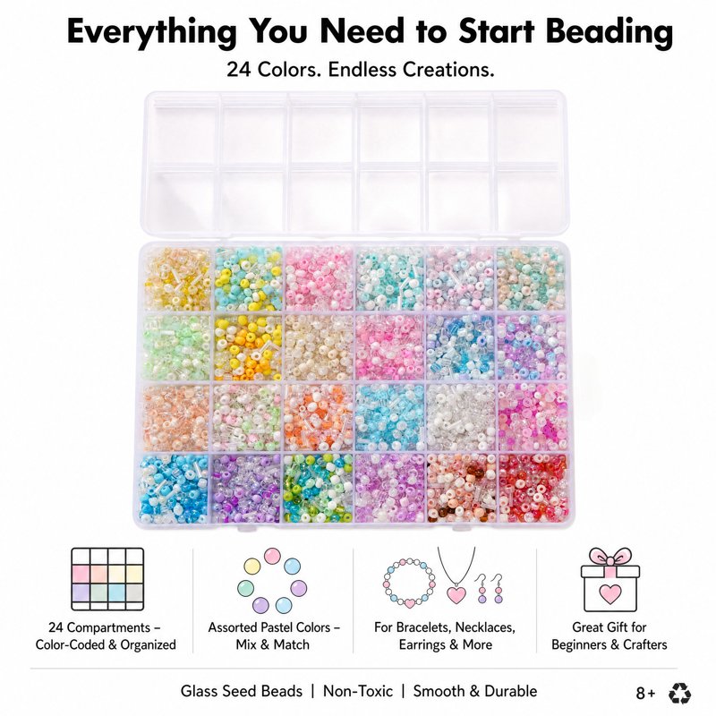 Glass Seed Beads Set with Storage Box - Assorted Pastel Tiny Beads for Jewelry Making