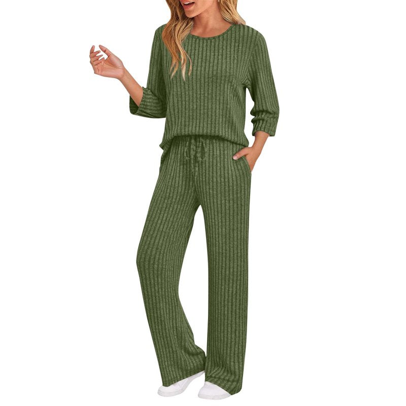 Women's Ribbed Knit Sweatsuit 2-Piece Set with Pockets - Casual Lounge & Activewear