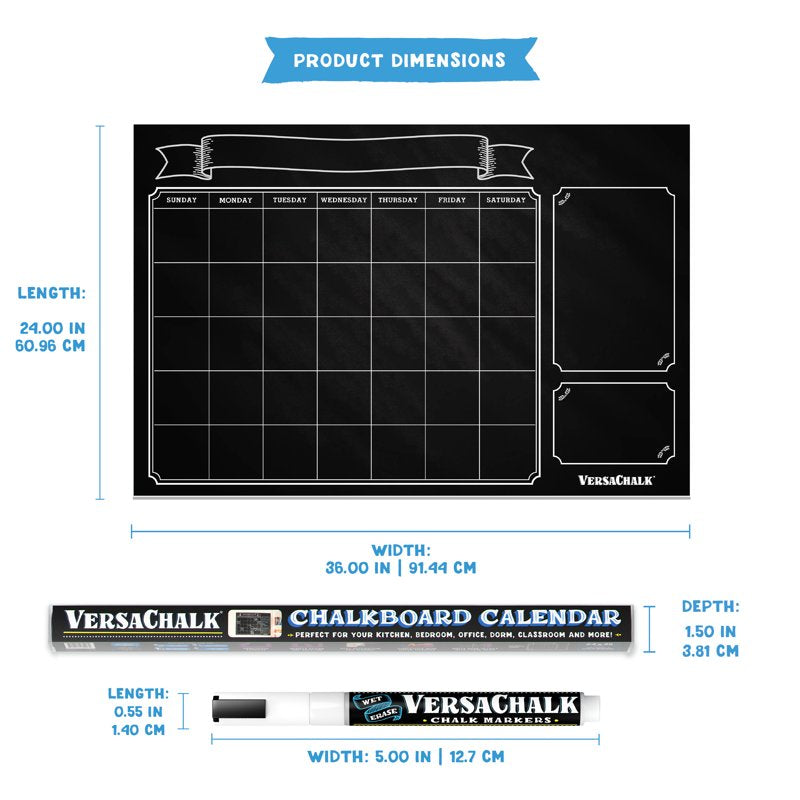 Vinyl Chalkboard Wall Calendar 24x36 with White Chalk Marker - Organize Stylishly