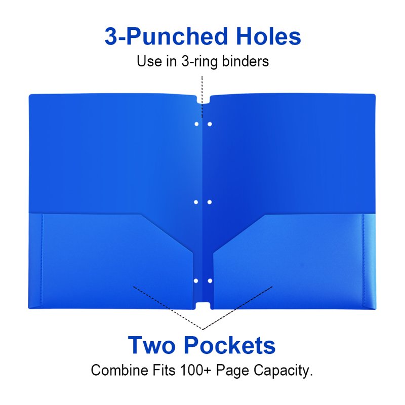 Plastic Pocket Folders 3-Hole Punched with 2 Pockets - Assorted Colors, 12 Pack