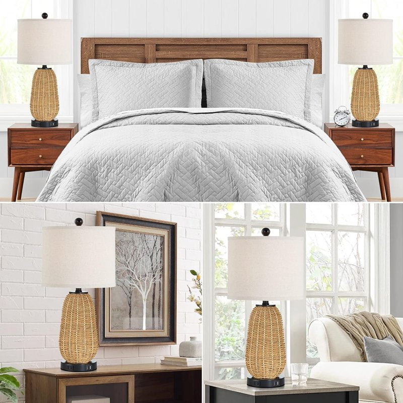 Set of 2 Touch Control Farmhouse Rattan & Linen Table Lamps with USB & Outlet