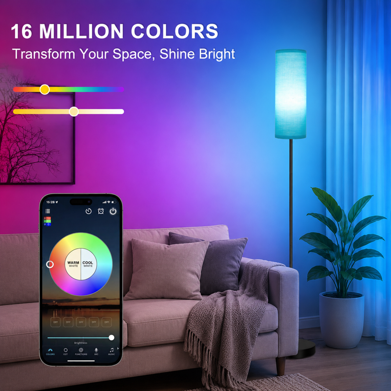 Smart LED Floor Lamp with Music Sync Remote Dimmable RGB Lighting
