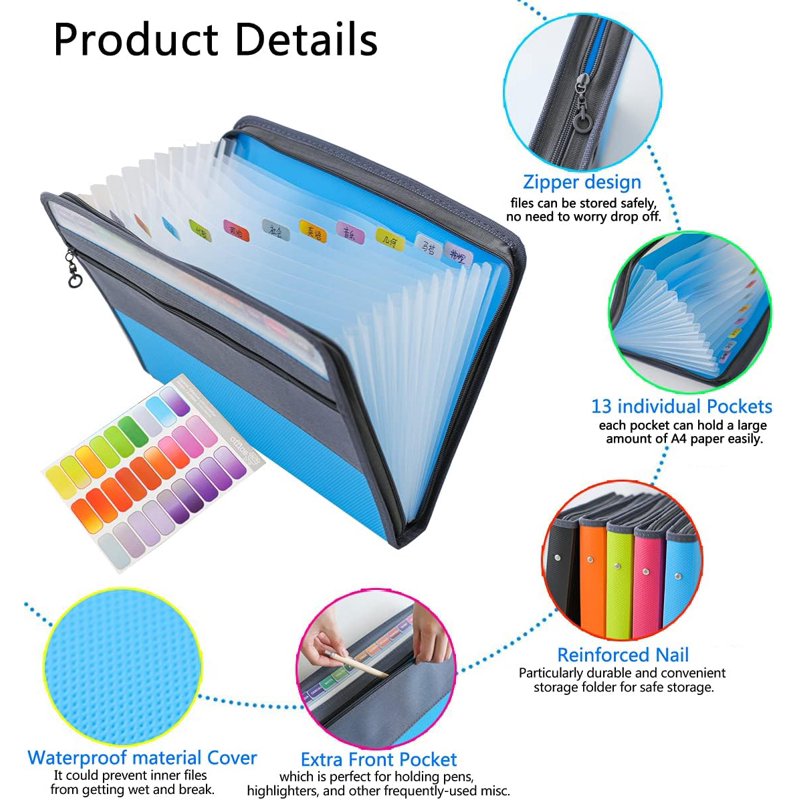 Accordion File Organizer with 13 Pockets, Zipper Closure, A4 Letter Size, Portable Office & School Document Folder — Blue