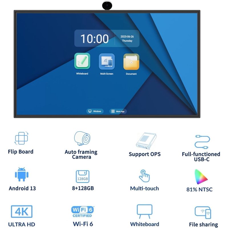 Smart Whiteboard with 4K UHD Display and Auto Framing Camera - 55 Inch, 65 Inch, 75 Inch Variants