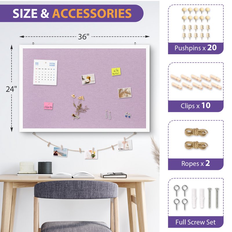 Purple Linen Bulletin Board - 36x24 Inch Wall Pinboard with Cork & Wood Frame