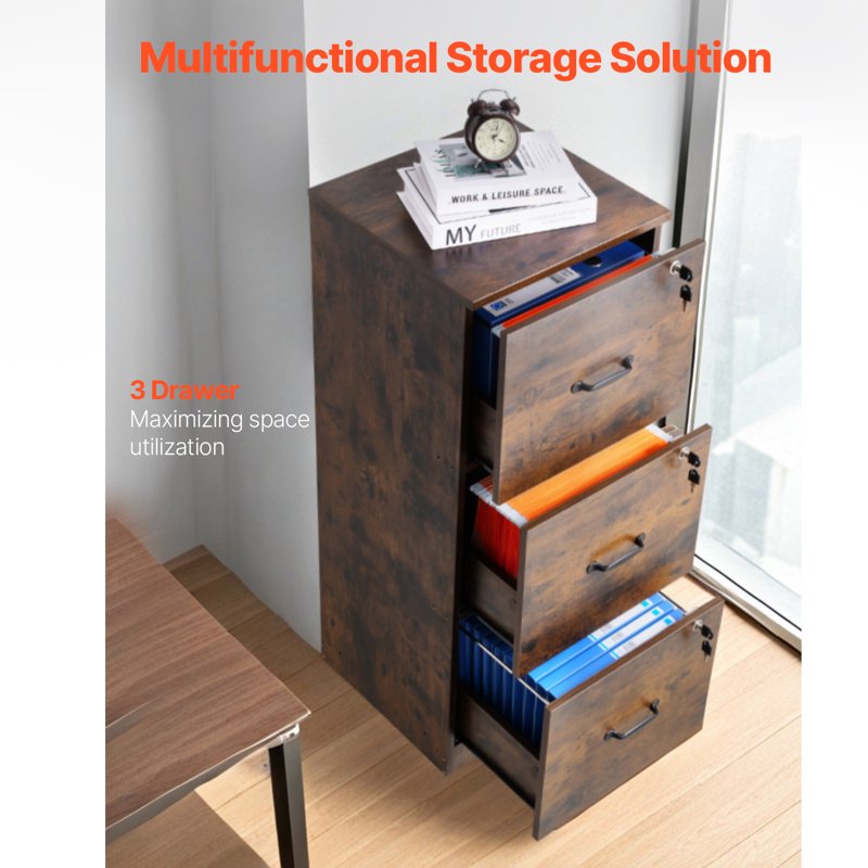 Lockable 3-Drawer File Cabinet - Vertical Office Storage with Adjustable Rod
