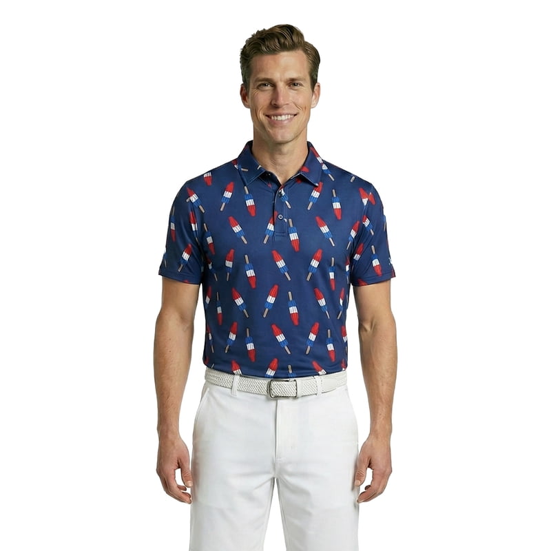 Birdie Bound Men’s Polo Shirt - Firecracker Popsicle Print, 250 Polo Top, XS-4XL, Dessert Sodalite Blue
