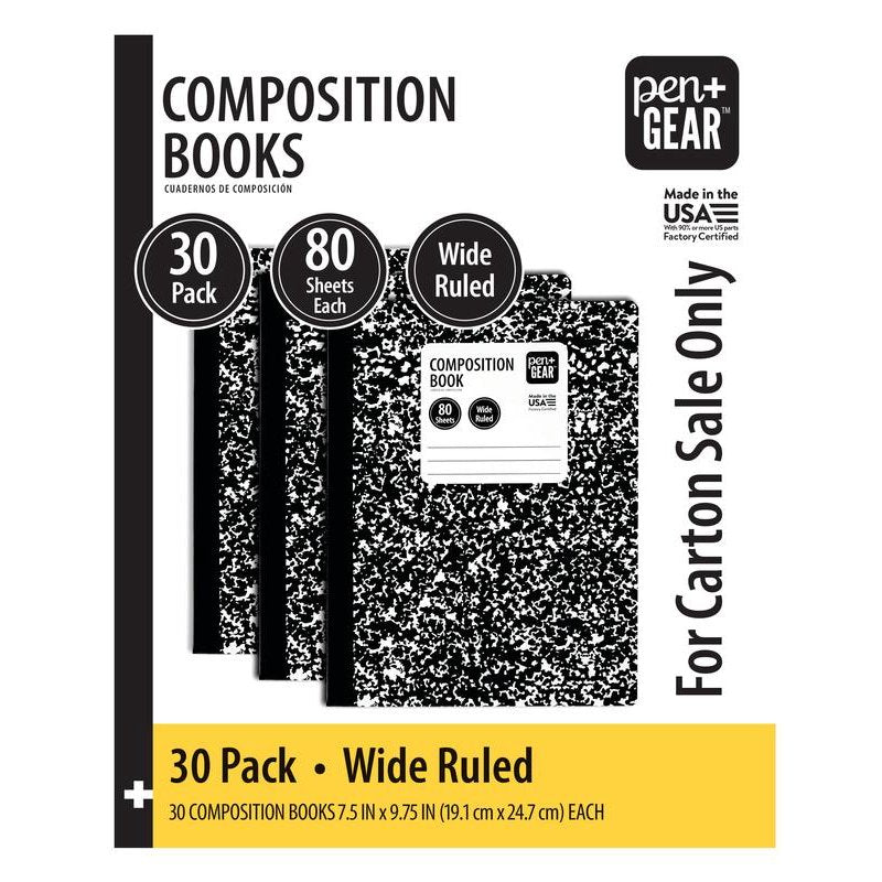 Set of 30 Wide Ruled Composition Books - Black & White Marble Cover, 7.5 x 9.75 Inches