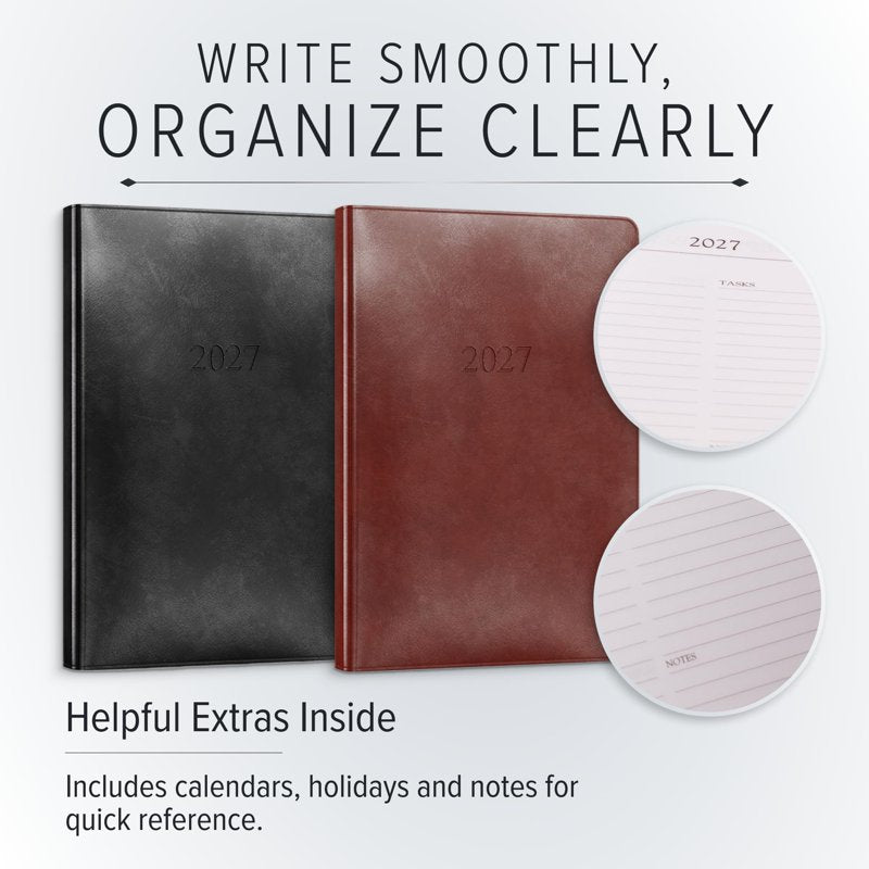 Leather Daily Planner 2027 - 12-Month Organizer & Notebook with Gold Edges