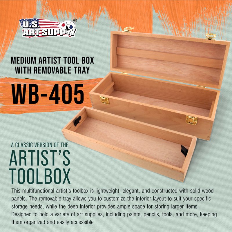 Unfinished Beechwood Artist Tool Storage Box with Removable Tray & Locking Clamps