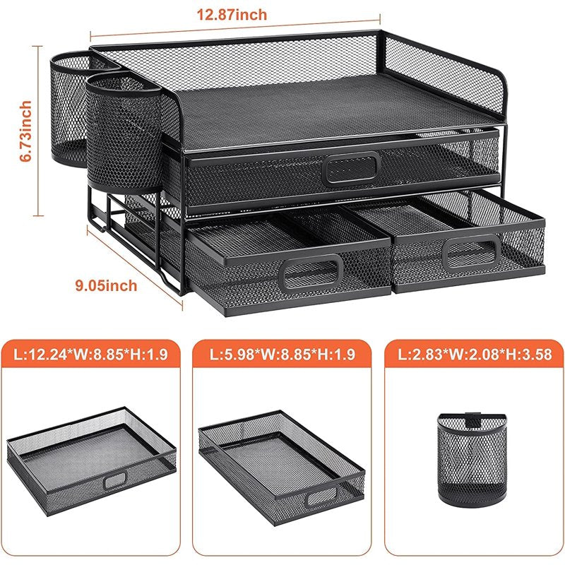 3-Tier Mesh Desk Organizer with Drawer for Office Supplies and Paperwork