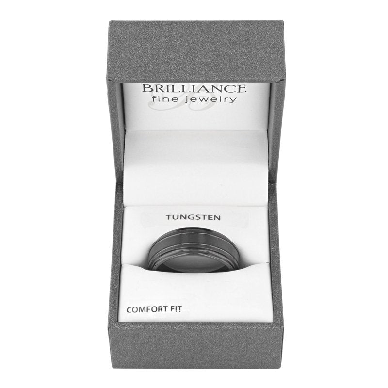 Men's Tungsten Wedding Band 9mm Grooved Step Edge Black Finish Durable Ring