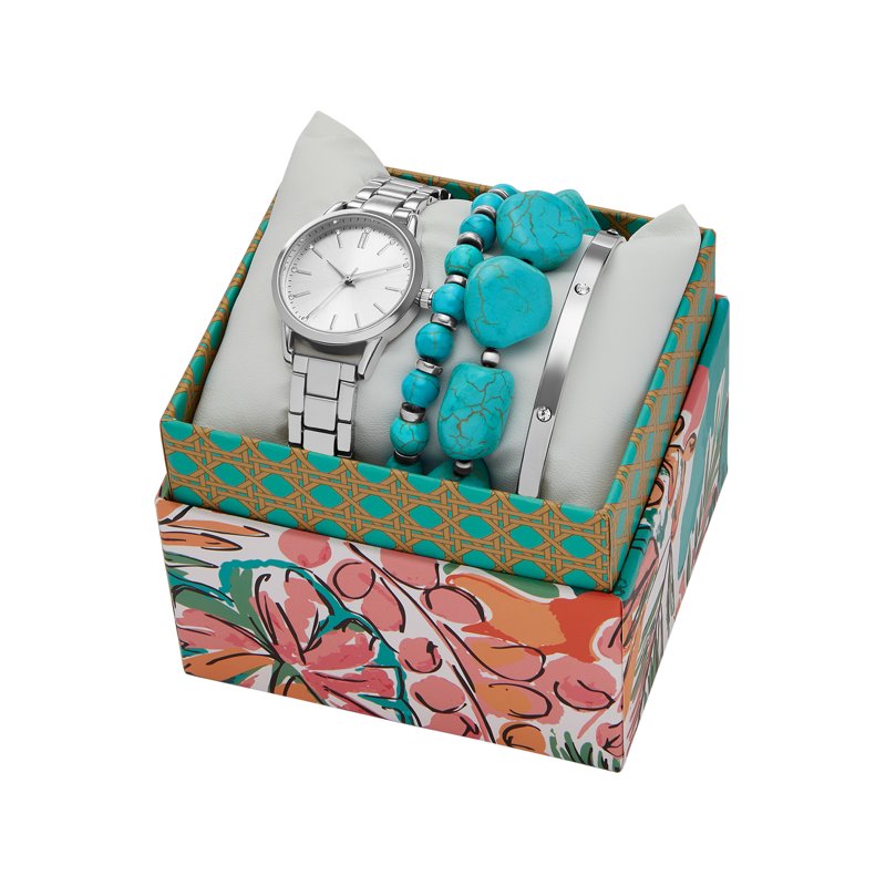 Women's Silver Tone Watch Set with Crystal Sunray Dial and Faux Turquoise Bracelets