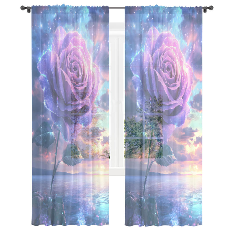 Purple and Ocean Sheer Curtains 84 Inch Long, 2 Panels, Light Filtering Window Drapes