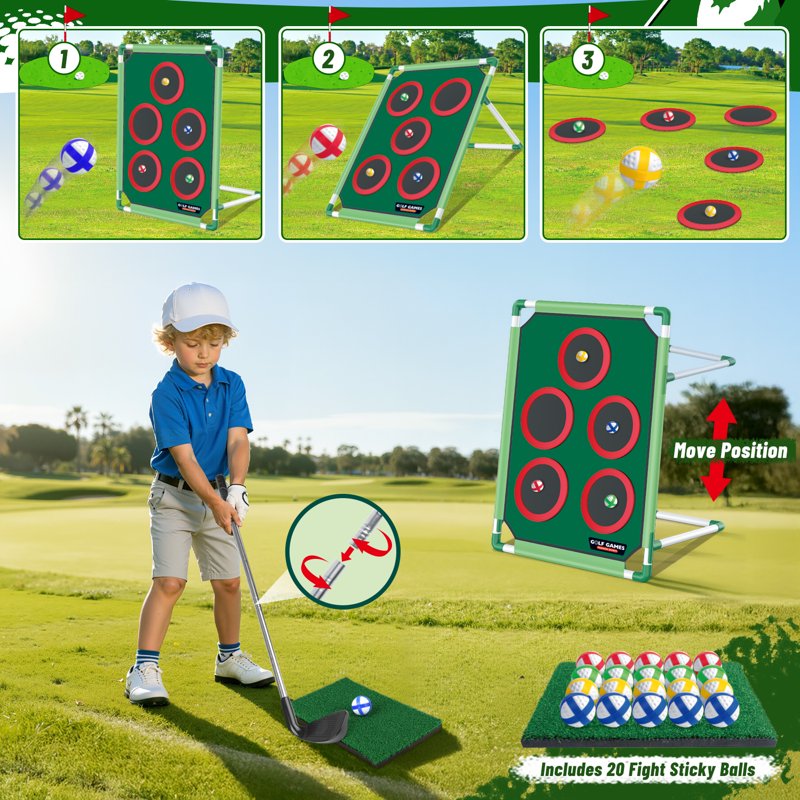 Golf Chipping Game Set for Kids - Adjustable Height, 20 Sticky Balls - Outdoor & Indoor Family Toy (Variation: Golf Adjustible Height)