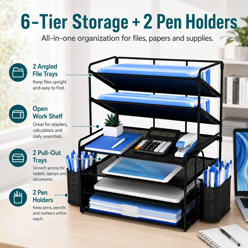 6-Tier Metal Desk Organizer with File Trays & Pen Holders - Office & Home