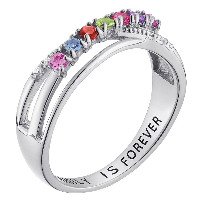 Personalized Birthstone Ring with Diamond Accent in Sterling Silver or Gold Over Silver - Customizable Family Jewelry