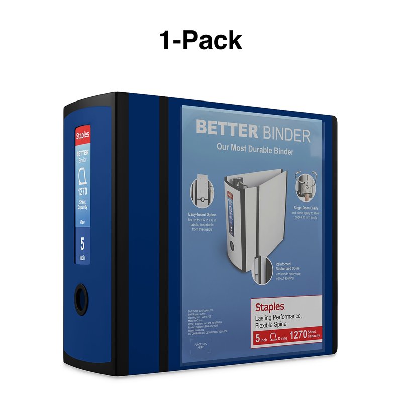 5-Inch 3-Ring D-Ring Binder - Navy Blue, Holds Up To 1270 Pages