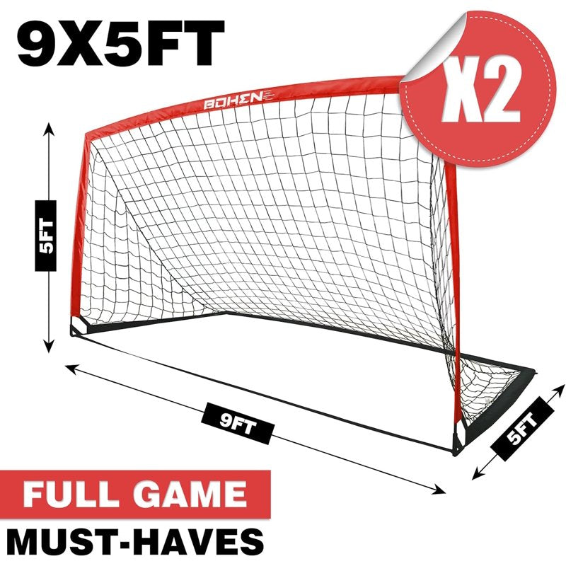 BOHEN 9x5 Ft Portable Soccer Goal - 2 Pack Red with Carry Bag, Easy Fold, Indoor/Outdoor