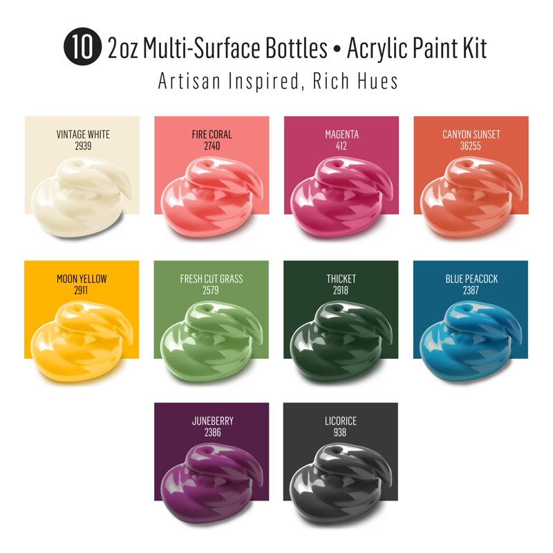 Multi-Surface Acrylic Craft Paint Set - 10 Colors, Satin Finish, Versatile for Wood, Glass, Fabric