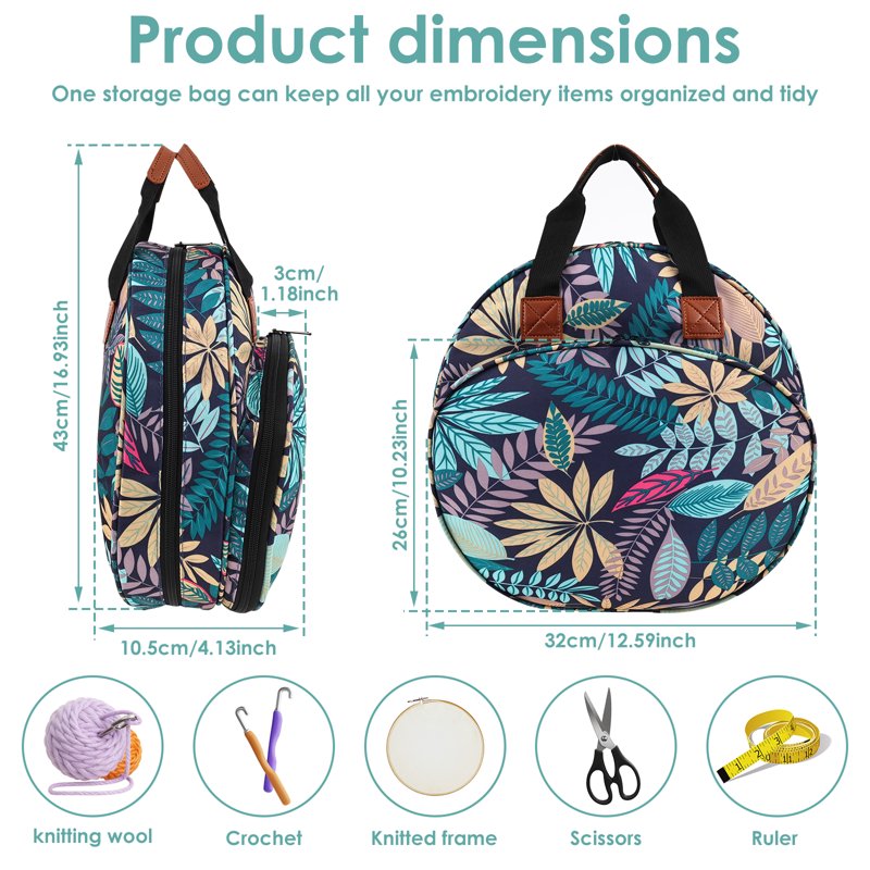 Embroidery Project Bag with Multiple Pockets and Round Hoop Storage - Carrying Tote for Floss and Thread