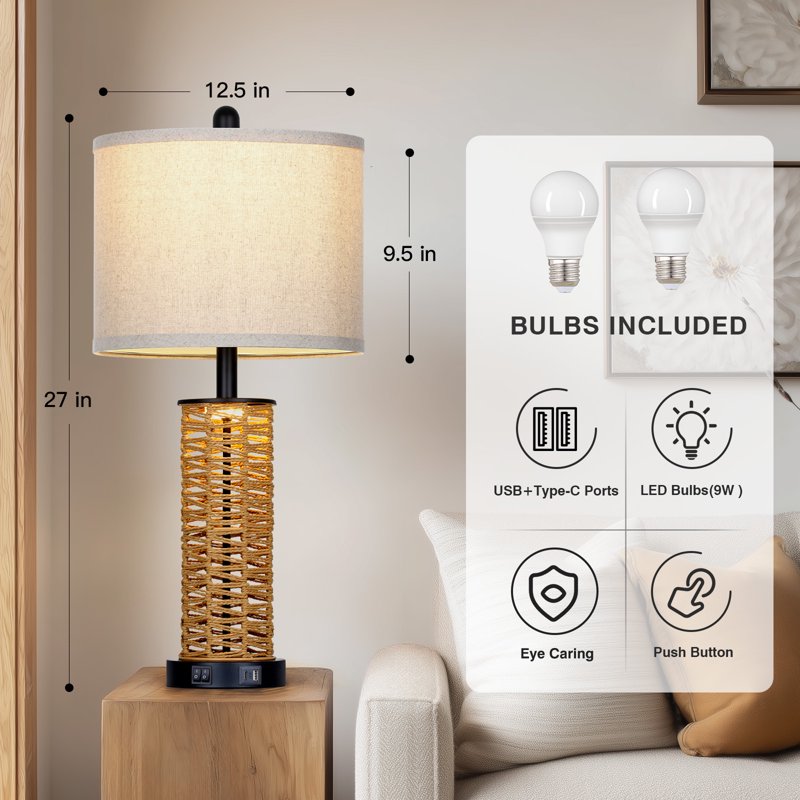 Set of 2 Rattan Woven Table Lamps with Dual Switches & USB Charging Ports - Farmhouse Nightstand Lighting