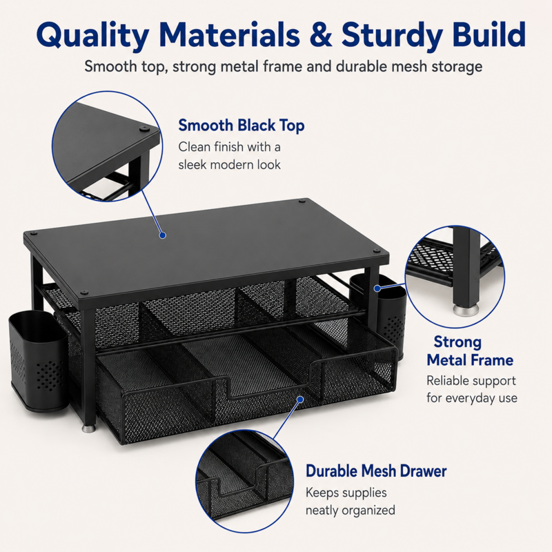 Mehoom 3-Tier Monitor Stand with Drawer & Pen Holders – Desk Organizer, Black