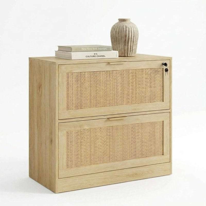 2-Drawer Locking File Cabinet with Rattan Front - Office Storage & Printer Stand