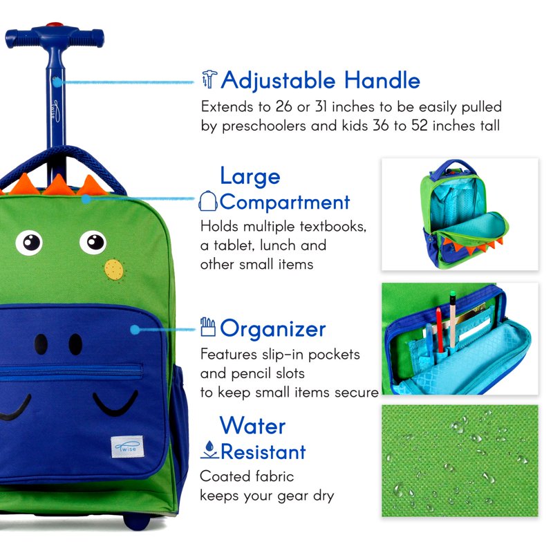 Kids Rolling Backpack with Convertible Carrying & Wheels - Dinosaur Giraffe Unicorn Penguin Variants