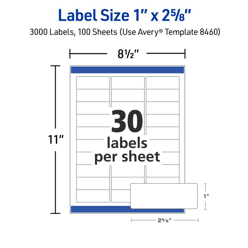 White Address Labels 1" x 2-5/8" - 3,000 Permanent Inkjet Labels